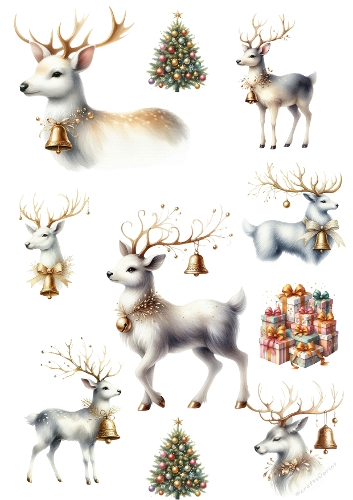 Watercolor Festive Reindeer Set – Christmas Deer with Golden Bells, Trees & Gifts