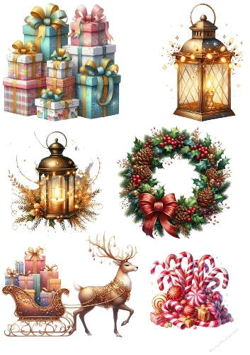 Festive Christmas Decorations Digital Collage – Gifts, Wreaths, Reindeer & More