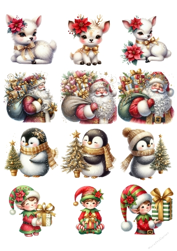 Festive Christmas Characters Digital Illustration – Reindeer, Santa & Penguins