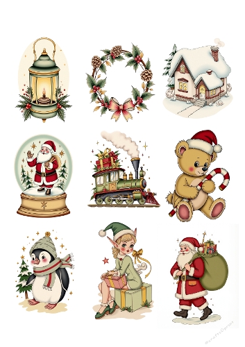 Vintage Christmas Collage – Lantern, Wreath, Santa, Snowman & Holiday Characters