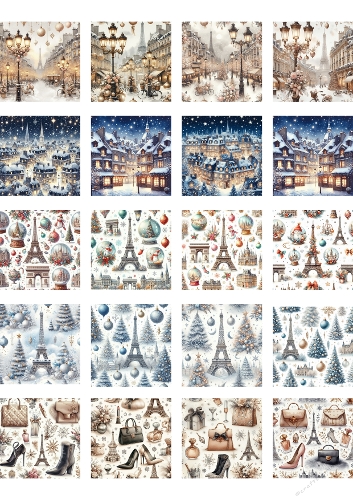 Festive Paris Christmas Collage – 16 Watercolor Holiday Illustrations