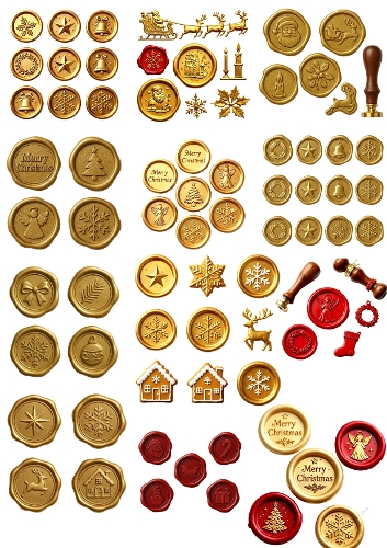Gold and Red Christmas Wax Seal Collection – Festive Designs with Trees, Snowflakes, Reindeer & Houses