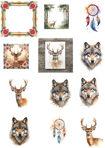 Watercolor Native American Wildlife Clipart Set – Wolves, Deer with Flowers & Boho Elements