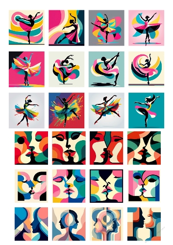 Colorful Ballet Dancer Silhouettes – Modern Digital Collage with Abstract Backgrounds