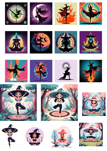 Colorful Yoga Witch Digital Collage – Mystical Nature-Themed Art Collection