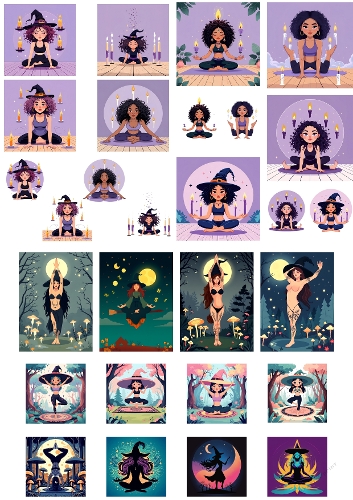 Mystical Yoga Witch Digital Collage – Enchanted Art with Candles, Mushrooms & Moons