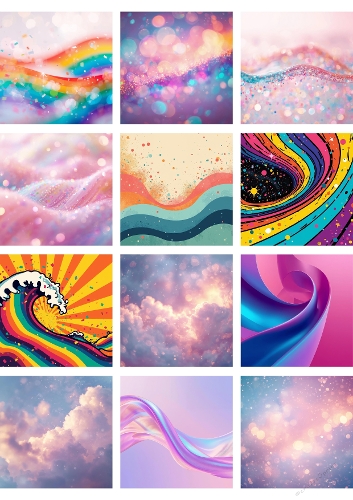 Psychedelic Abstract Art Collage – 16 Vibrant Pieces with Rainbow Colors & Cosmic Patterns