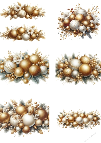 Gold and White Christmas Wreath Collection – Festive Digital Illustration with Ornaments & Pine