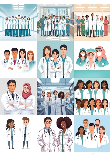 Healthcare Professionals Illustration Collage – 16 Diverse Medical Characters in White Coats & Scrubs
