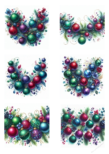 Festive Christmas Ornaments Illustration Set – 6 Heart & Square Designs with Pine & Berries