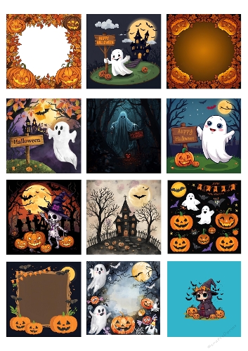 Halloween Digital Collage – 9 Spooky Illustrations with Ghosts, Pumpkins, Bats & Haunted Houses
