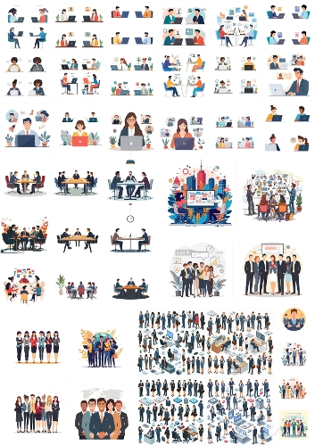 Business People Illustration Collage – Colorful Cartoon Office Scenes & Teamwork Concepts