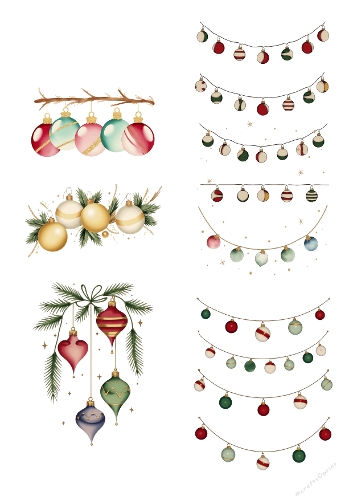 Vintage Christmas Ornaments Digital Illustration – Pastel Baubles, Garlands & Pine Branches