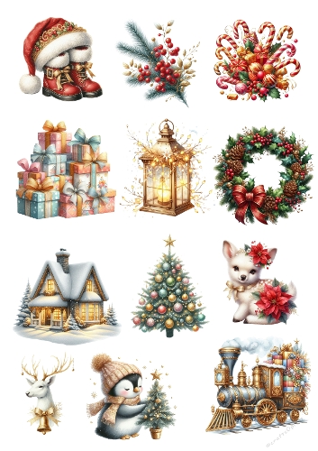 Vintage Christmas Ornaments Digital Illustration – Pastel Baubles, Garlands & Pine Branches