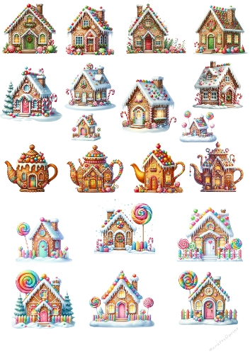 Whimsical watercolor Gingerbread House Collection – 16 Festive Candy & Teapot Illustrations