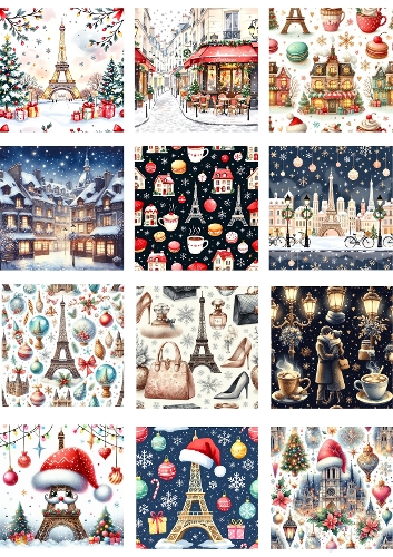 Paris Christmas Watercolor Collage – 12 Festive Holiday Illustrations with Winter Scenes