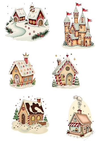 Whimsical Vintage Gingerbread House Collection – 6 Festive Digital Illustrations