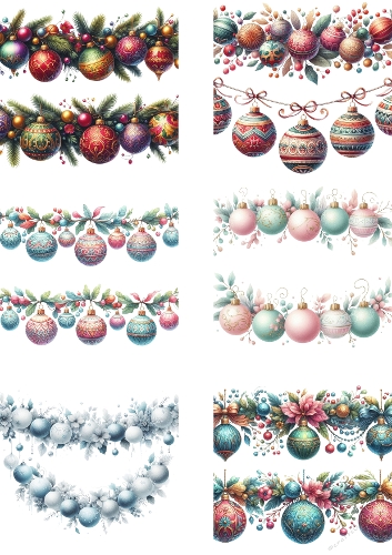 Watercolor Christmas Garland Set – 6 Festive Designs with Colorful Ornaments