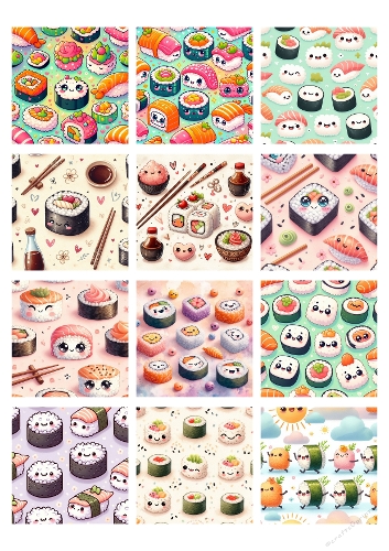 12 Seamless Watercolor Sushi Kawaii Patterns | Cute Japanese Food Digital Paper Set | A4 Printable Scrapbook Backgrounds