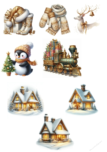 Watercolor Christmas Clipart Collection | Reindeer, Penguin, Gifts, Houses & Train | Festive Holiday Illustrations Set