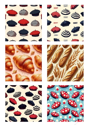 Seamless Watercolor French Bakery Pattern | Berets, Croissants, Baguettes & Wheat | Parisian Repeating Print Texture