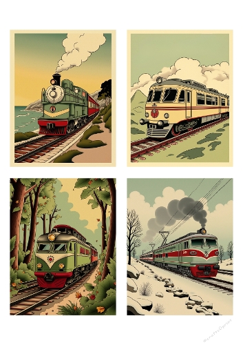 Comic-Style Locomotive Illustration | Bold Outlined Train in Storybook Style | Light Green & Beige