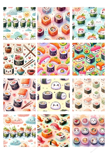 Kawaii Sushi Seamless Pattern | Cute Watercolor Rolls with Faces | Pastel Whimsical Design