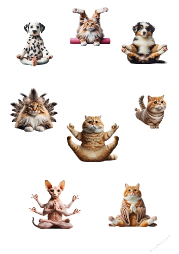 Funny Yoga Cats and Dogs | High-Definition Anthropomorphic Animal Illustrations in 8K