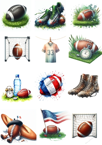 Watercolor Rugby Kit Collection | Vibrant 8K Illustrations with American Flag and Sports Gear