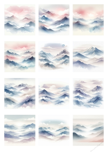 Watercolor Misty Mountains | Serene Minimalist Landscape in Soft Pastel Colors