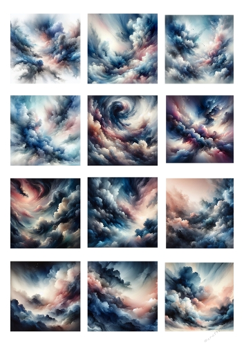 Watercolor Dramatic Sky Collection | Realistic Swirling Clouds in Blue, Gray, and Pink