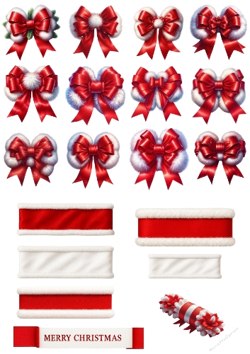 Christmas Bow Collection | Red Silk Ribbons with White Trim on White Background