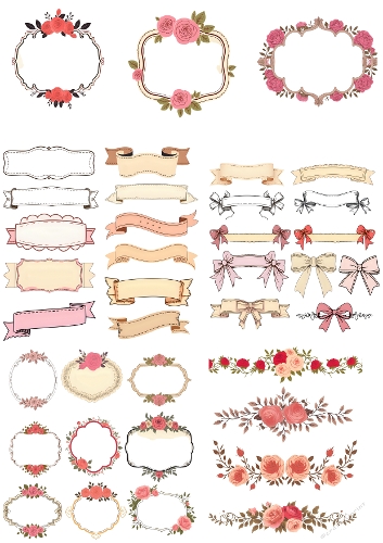 Shabby Chic Floral Frames and Banners | Romantic Roses and Ribbons in Pastel Vintage Style