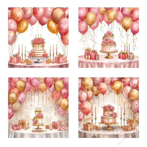 Festive Watercolor Cake and Gift Set | Pink and Gold Balloon Party Collection