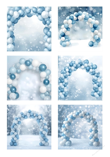Winter Wonderland Balloon Arch in a Snowy Forest with Soft Lighting and Bokeh