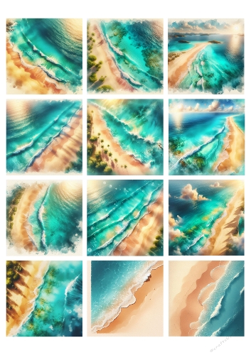 Watercolor Kit of Aerial Beach Landscapes with Turquoise Waves and Sandy Coastlines