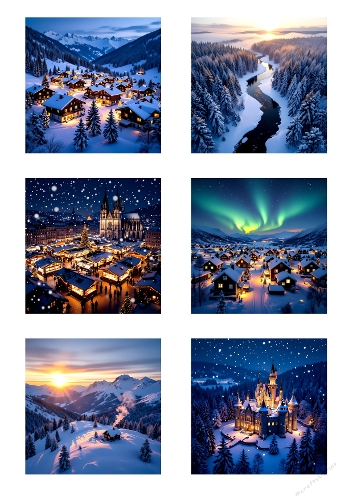 Watercolor Winter Landscapes Collection | Snowy Villages, Forests, and Aurora Nights