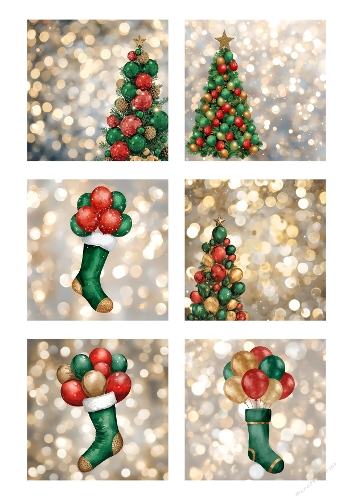 Christmas Collection with Decorated Trees and Stockings Filled with Balloons