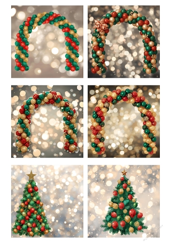 Christmas Balloon Arch Collage with Decorated Trees and Star Toppers