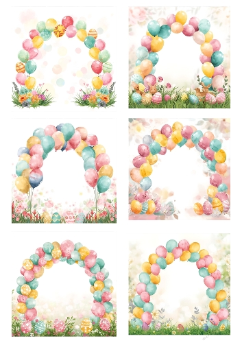 Watercolor Balloon Arch Kit with Pastel Colors, Flowers, and Grass – Whimsical Birthday Illustration