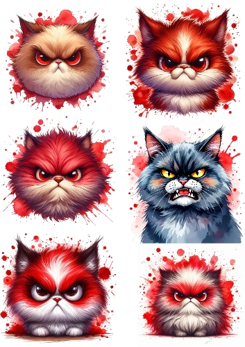Watercolor Grumpy Cats Collection | 6 Adorable Cats with Red Paint Splashes