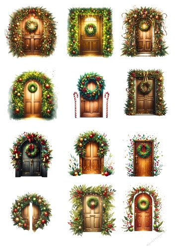 Watercolor Christmas Doors Collection | Festive Wooden Doors with Wreaths and Garlands