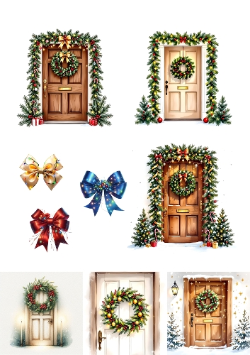 Watercolor Christmas Wreath on Wooden Door | Festive Holiday Illustration