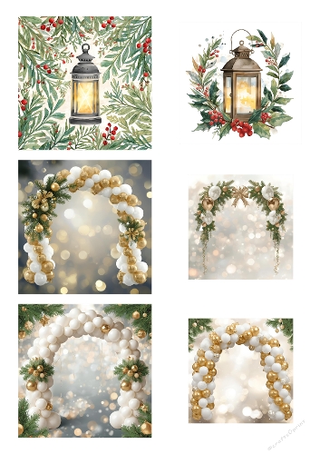 Watercolor Christmas Lanterns and Balloon Arches with Foliage