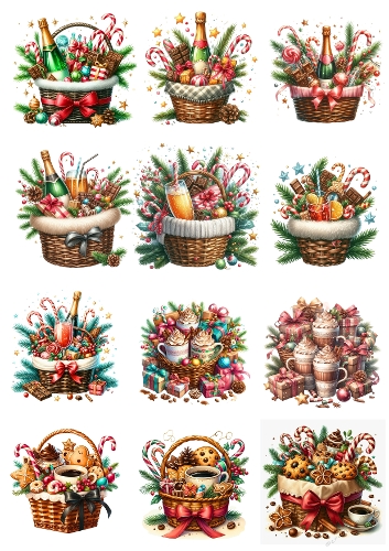 Watercolor Christmas Baskets with Champagne, Candy Canes, and Cookies