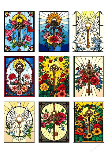 Stained Glass Window – Floral Key with Roses in Art Nouveau Style