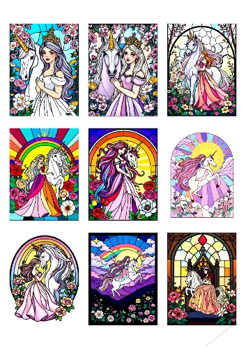 Fantasy Stained Glass Collection – Elegant Princesses and Unicorns