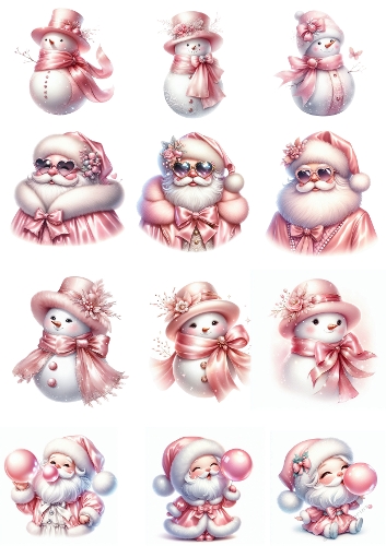 Pink Christmas Collection – Watercolor Snowmen & Santa Claus Illustrations