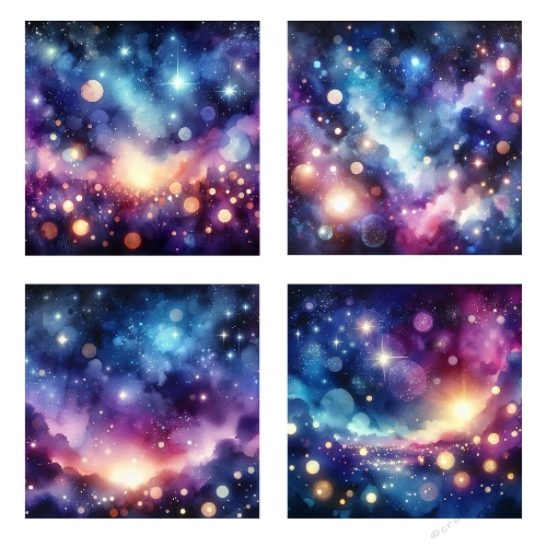 Kit 4 Watercolor Galaxy Backgrounds – Cosmic Nebula, Stars, Blue Purple Pink, Magical, High-Resolution