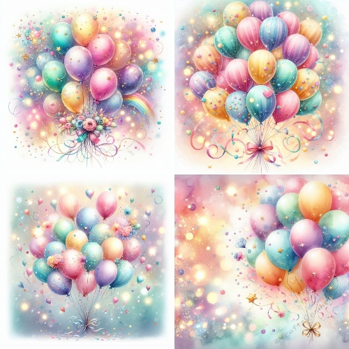 Kit 4 Whimsical Watercolor Balloon Backgrounds – Pastel Rainbow Colors, Bokeh Glow, Festive & Dreamy Atmosphere